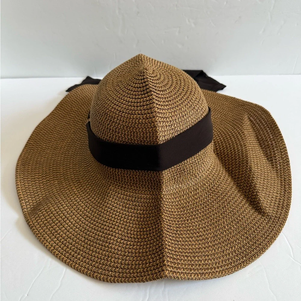 Simplicity Tan White Brim Straw Sun Hat with Brown Ribbon Tie